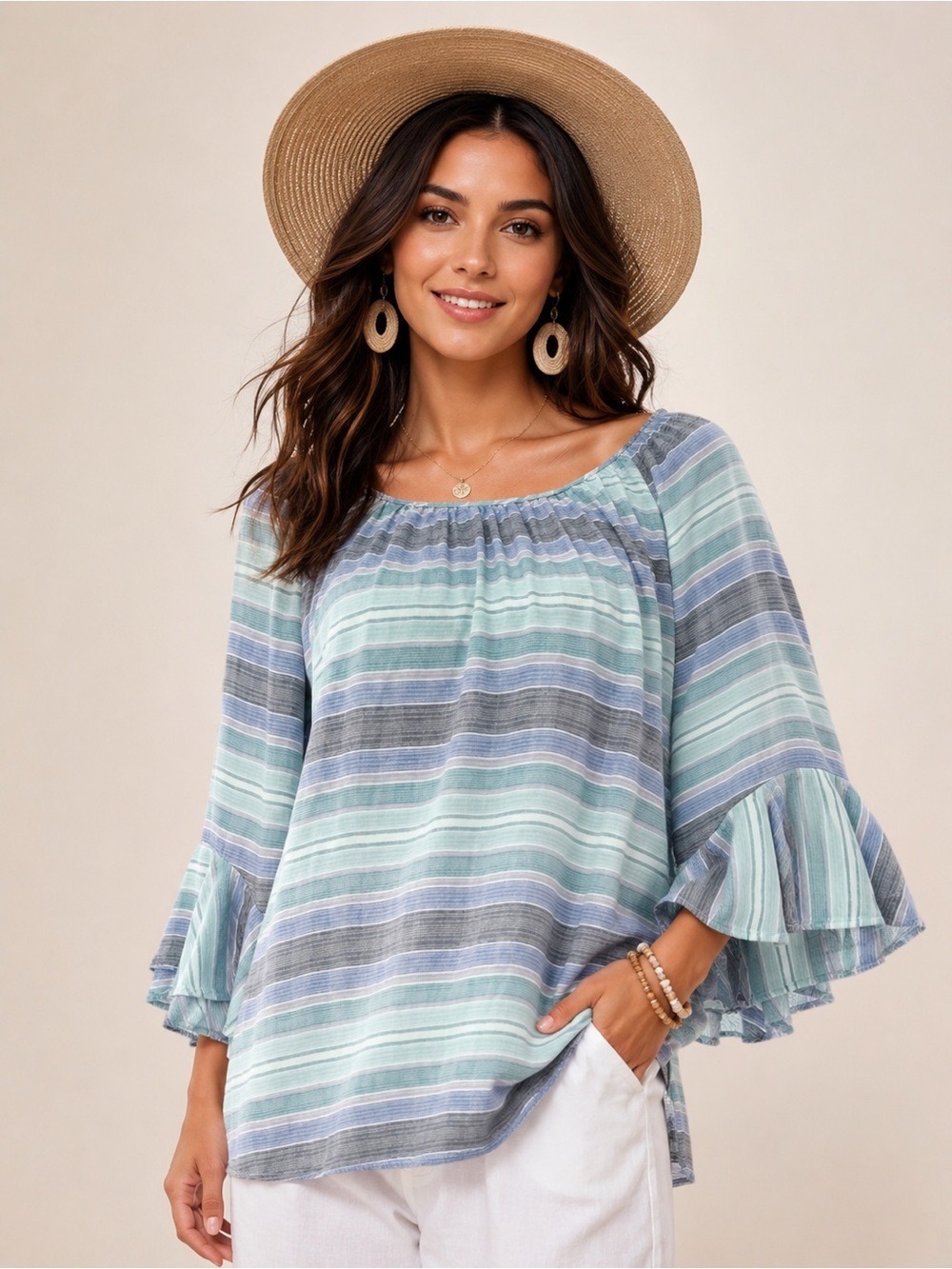 CUPIO Blue Gray Stripe Ruffle Bell Sleeve Hi-Low Blouse Top Size L NWT